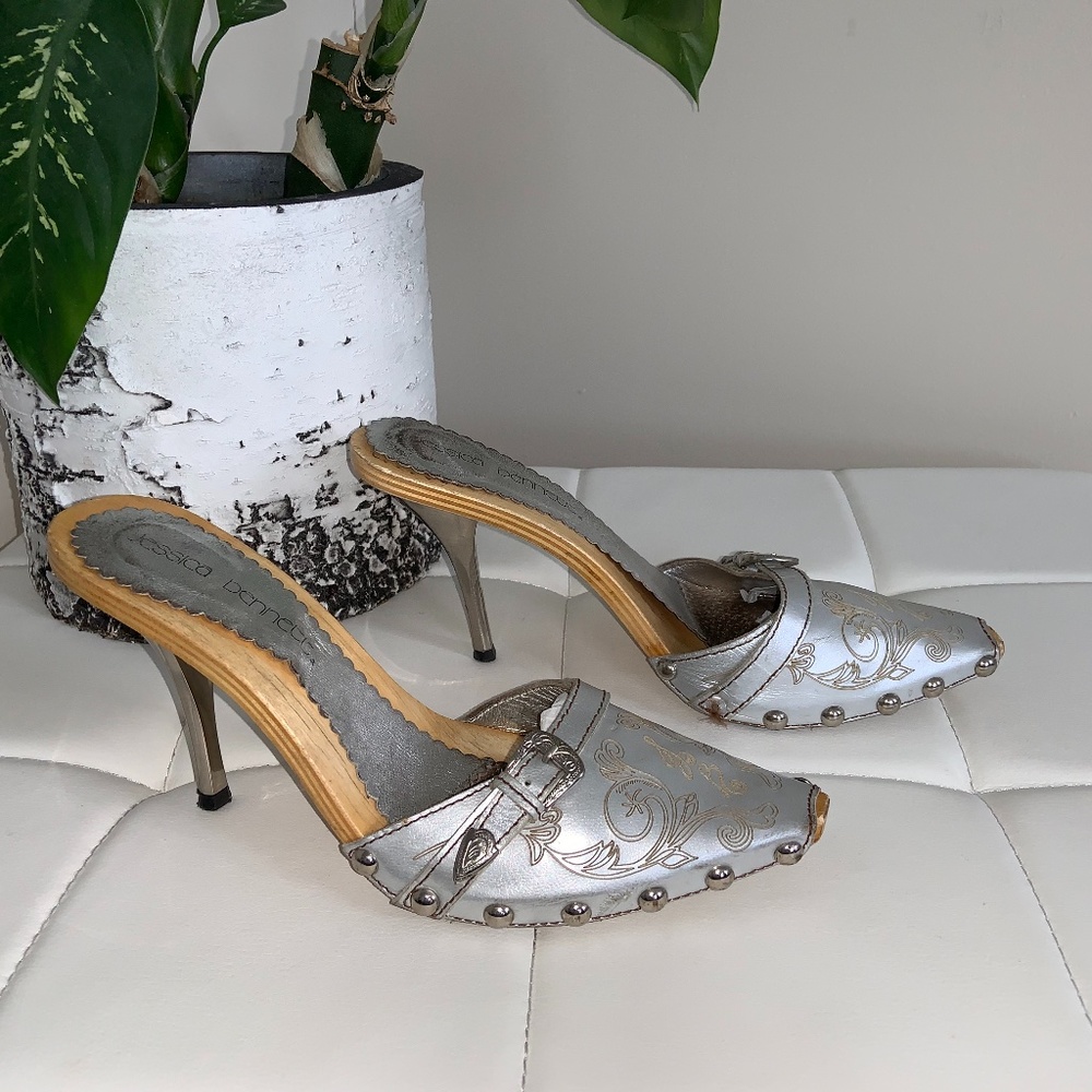 Metallic wooden sole mirrored  stiletto heel slide